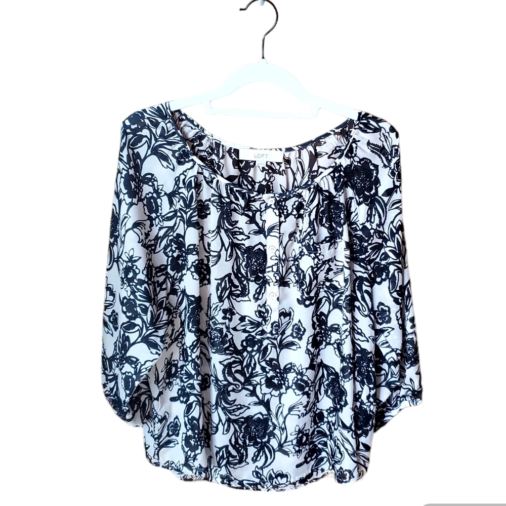 LOFT Floral Beige Black Blouse L
